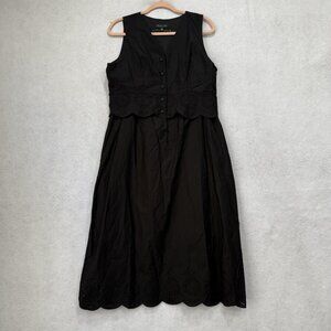 Rachel Zoe Dress Womens Medium Black Cotton Eyelet Button Front Scallop Midi